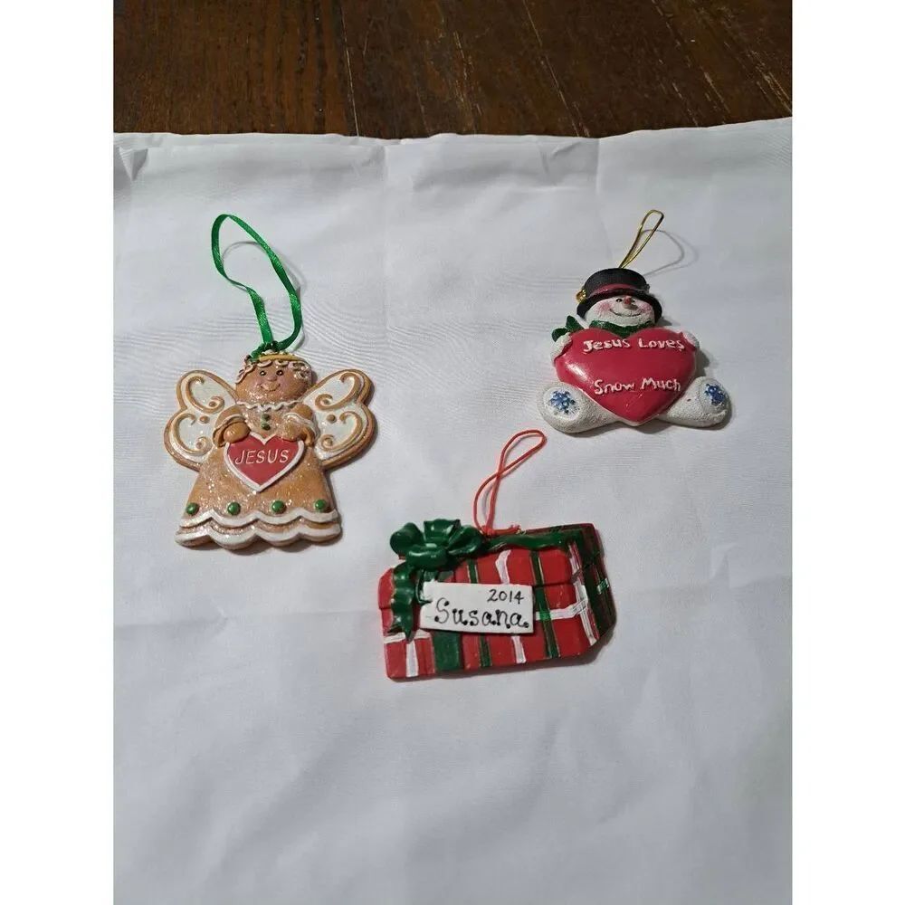 3 Christmas Holiday Tree Ornaments Gingerbread Angel Snowman Christmas Gift